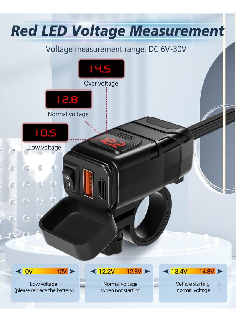 Motorcycle Phone Charger, 6.4A Dual USB Type C PD & Quick Charge 3.0 Motorcycle USB Charger with Voltmeter & ON/Off Switch, Waterproof Motorcycle Accessories for Phone, Tablet, GPS, etc - Image 3